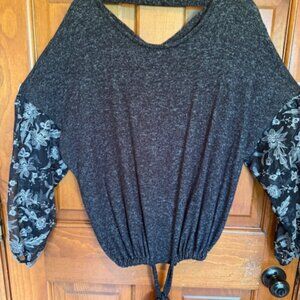 Daytrip Womens Med. top, Dark Charcoal soft,criss cross back, sheer arms
